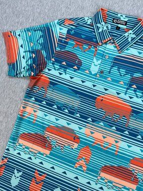 Raised By Coyotes Caprock Buffalo Polo Shirt Mens S Blue Aztec Geometric Golf